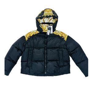 NWT Versace Women 42 US M Medusa Barocco Black Gold Puffer Jacket Hoodie $2,250